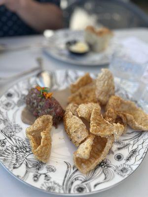 Steak Tartare with audibly crackling (fresh) chicharron