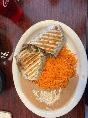 Burrito Asada with Spanish rice and beans