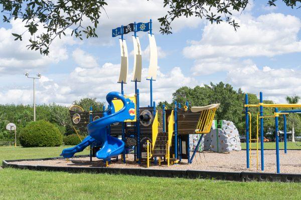 Aargh, matey! The children's playground features a pirate ship with sea monster slides.