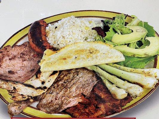 Five meats rice, beans,salad grill onions cheese quesadilla and home made tortillas
