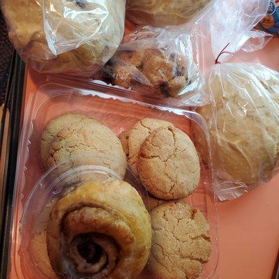 Sour dough, cinnamon raisin bread, cherry scones, sin rolls, and brown sugar cookies.