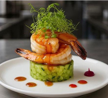 Shrimp Cucumber Tower with micro greens.