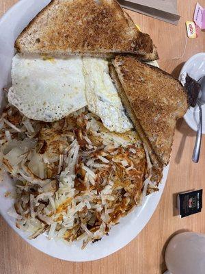 2 over hard, wheat toast and hash browns