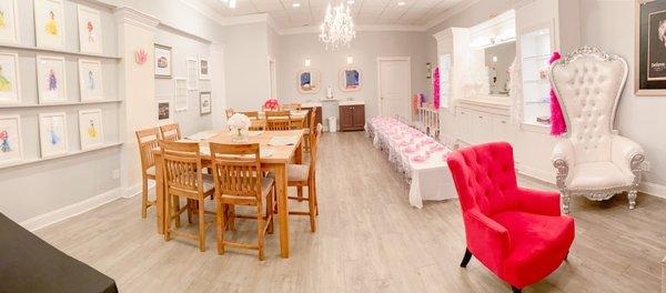 The Event Space comes with 16 seats for adults and 18 seats for little kids. Plus a magical princess apartment in the back.