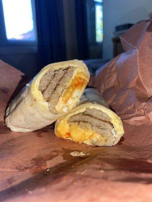 Breakfast sausage and Sausage, egg and cheese wrap