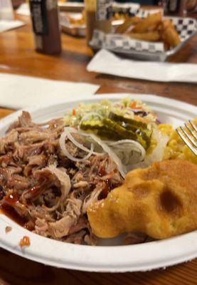 BBQ pork with slaw and macaroni and cheese