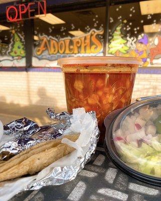 Posole, warm corn tortillas and fresh radish & lime garnish. #AdolphsWinner