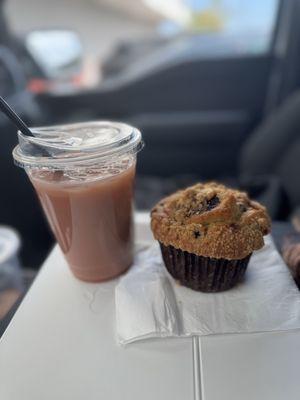 16oz vanilla raspberry iced latte and a blueberry muffin