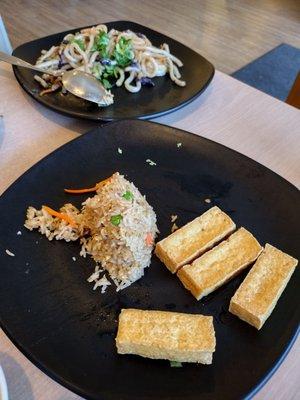 Shrimp Spring Rolls with Peanut Sauce and Tofu with very tasty Fried Rice.