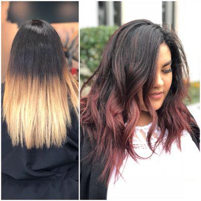 Before (not my work) and after to a beautiful wine color.