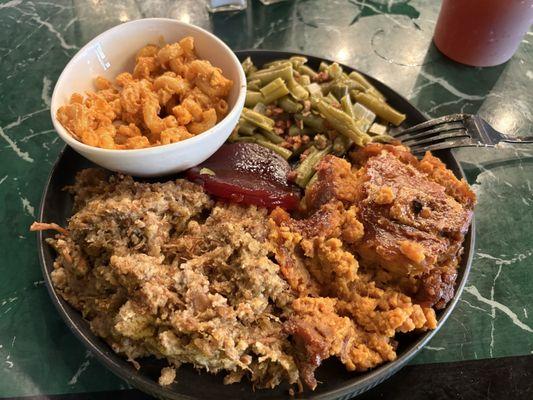 $12 daily plate lunch: turkey dressing, sweet potatoes, cranberry sauce, green beans topped with bacon (side of pasta salad)