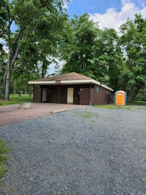Flushing toilets and Porta potties.