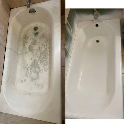 Before and after of this bathtub refinished in Hamilton Heights, Manhattan, New York.