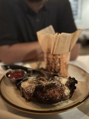 Flat iron steak (butterflied) with truffle fries
