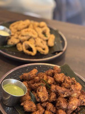 Front: popcorn gobi (pop corn cauliflower) and Masala Crusted Calamari Rings.