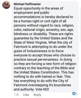 Owner Michael Hoffmaster's comments about LGBT people.
