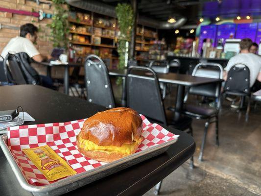 Breakfast sando with hot sauce