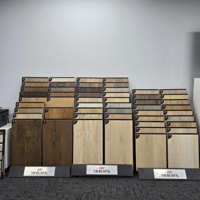 In store flooring and carpet displays designed to help customers compare styles and materials easily.