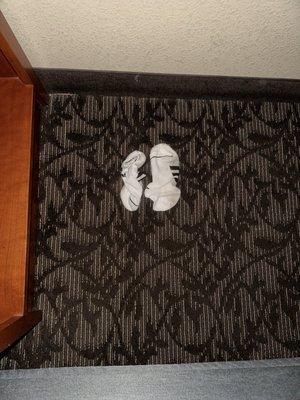 Dirty socks (not mine) found at foot of bed