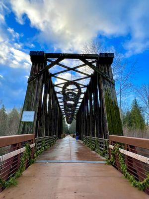 The lovely historic railroad bridge built in 1915 - ready for Christmas! (Dec 2023)