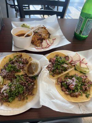 Top is Birra, Left is Asada, and right is NY strip tacos.