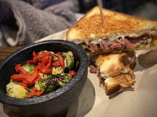 Brisket grilled cheese with Brussels sprouts