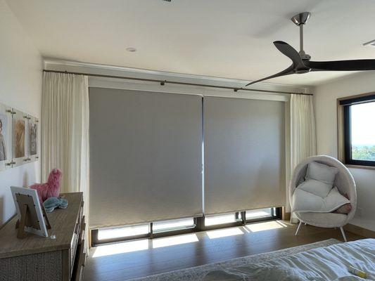Motorized Blackout Roller Shades with Sheer Draperies