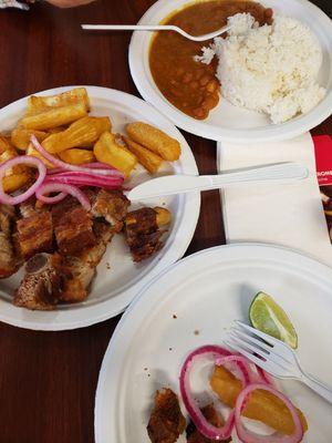 Chicharrones w/white rice and beans and yuca fries.