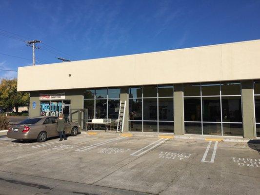 Hard to spot. The only signage is the vinyl banner above the door.