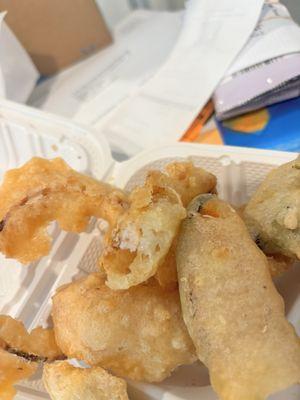 Microscopic piece of shrimp in the tempura