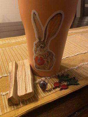 Palo Santo $2 each, Charoite Ring $25, Sticker $4, Earrings $16