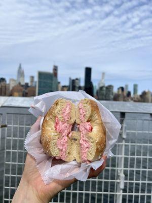 Salt bagel with strawberry cream cheese