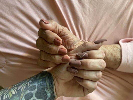 Gel manicure for my grandma and full set coffin nails with Matte color for myself.