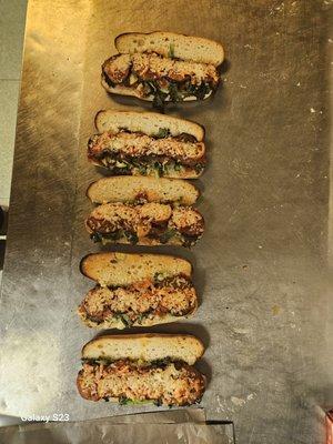 Vegan home made eggplant and rolls and marinara.