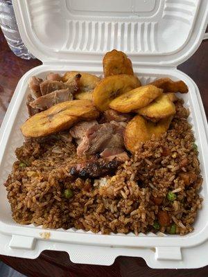 Bourbon chicken, fried rice, sweet plantain