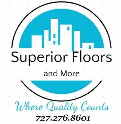 a logo for a business named "Superior Floors and More". It features a circular design with a light blue and white color scheme. Within the c