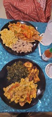 Ackee and saltfish with collard greens and fried plantains in lower dish. Escovich fish with mac'n'cheese and rice and peas on upper dish.
