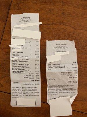 Receipt copies with sensitive information covered for privacy purposes (two receipts due to the nature of the repairs)