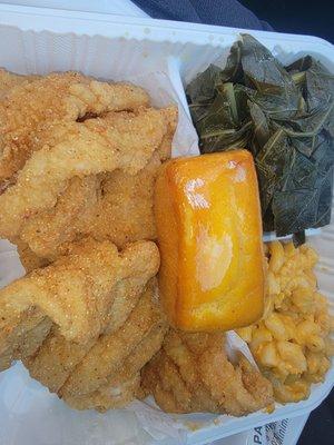 Fried Cat Fish, Macaroni and Cheese, Collard Greens, and Corn Bread.
