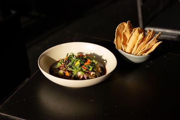 Aguachiles
-
white shrimp, salsa negra, English cucumber, red onions, radish, grapes, salsa macha, avocado puree