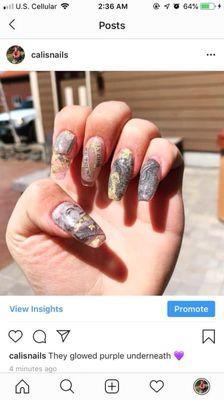 Money nails with gold flake incapsulated inside this acrylic set.