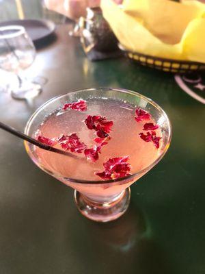 Red Empress- no additives, edible rose petals, rose water from Pakistan, brutal champagne & elderflower rose gin.