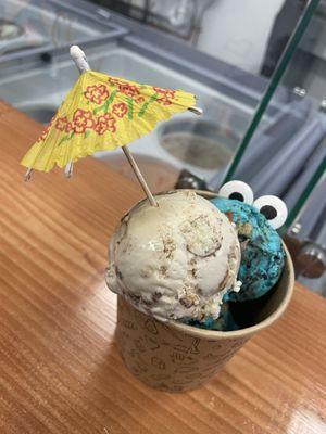 Cinnamon churro ice cream and Cookie Monster ice cream