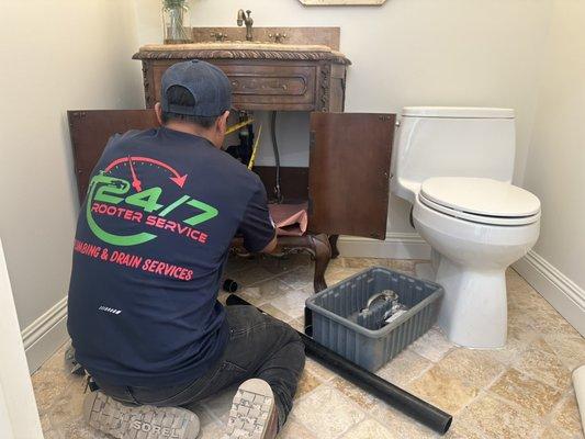 Replaced a leaking drain pipe under a bathroom sink. Clean, fast service by 24/7 Rooter Service.