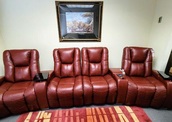 Home Theatre seating is not only beautiful but functional, featuring a power headrest, power lumbar, power recline, LED lights, USB charger,