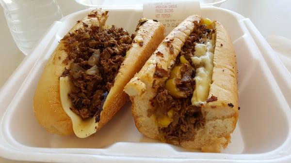 Cheesesteak American cheese with fried onions and hot peppers $9.99