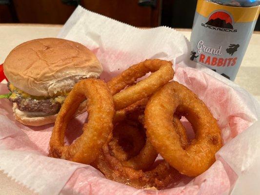 Cheeseburger deluxe and onion rings.