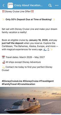 Disney Cruise Line Offer: only 50% deposit due at the time of booking between now and January 18th, 2026!
