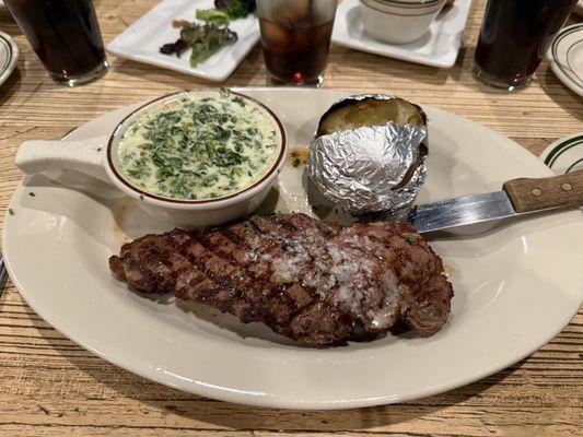 New York strip steak, creamed spinach, baked potato