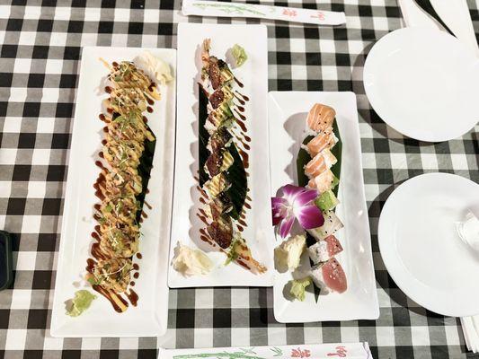From left to right: Hangover Roll, Dragon Roll, and Rainbow Roll